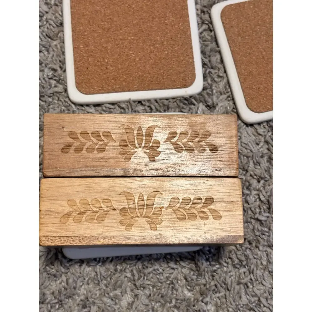 Set of 7 Floral Ceramic Cork Back Coasters w/ Pioneer Woman Wooden Holder